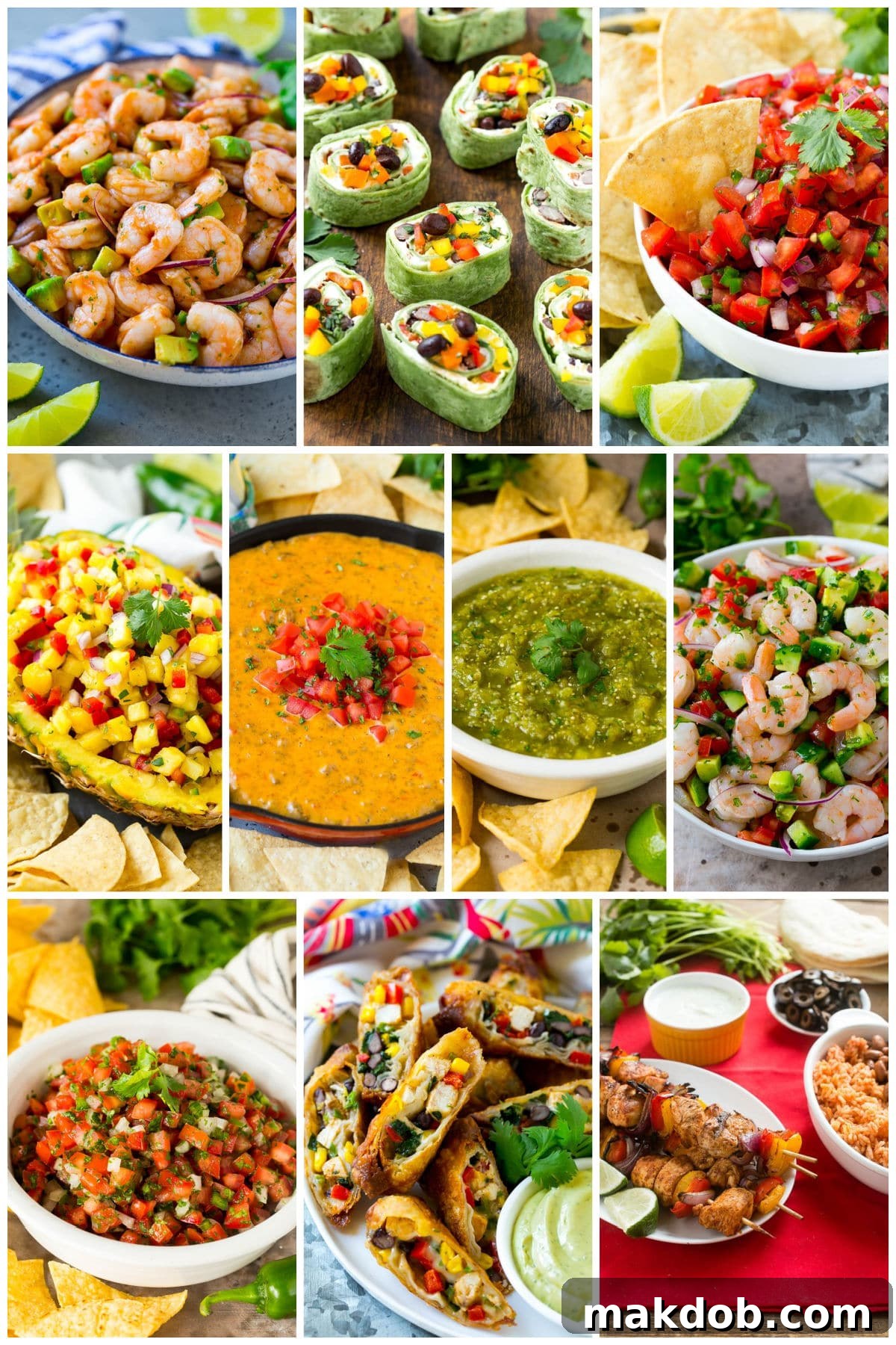 A collection of Mexican appetizer recipes like salsa verde, southwestern egg rolls and pico de gallo.