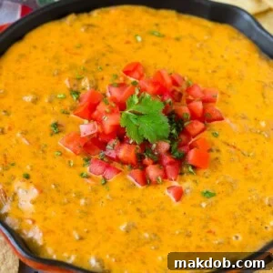 A skillet of Rotel dip topped with fresh tomatoes and cilantro, served with tortilla chips.