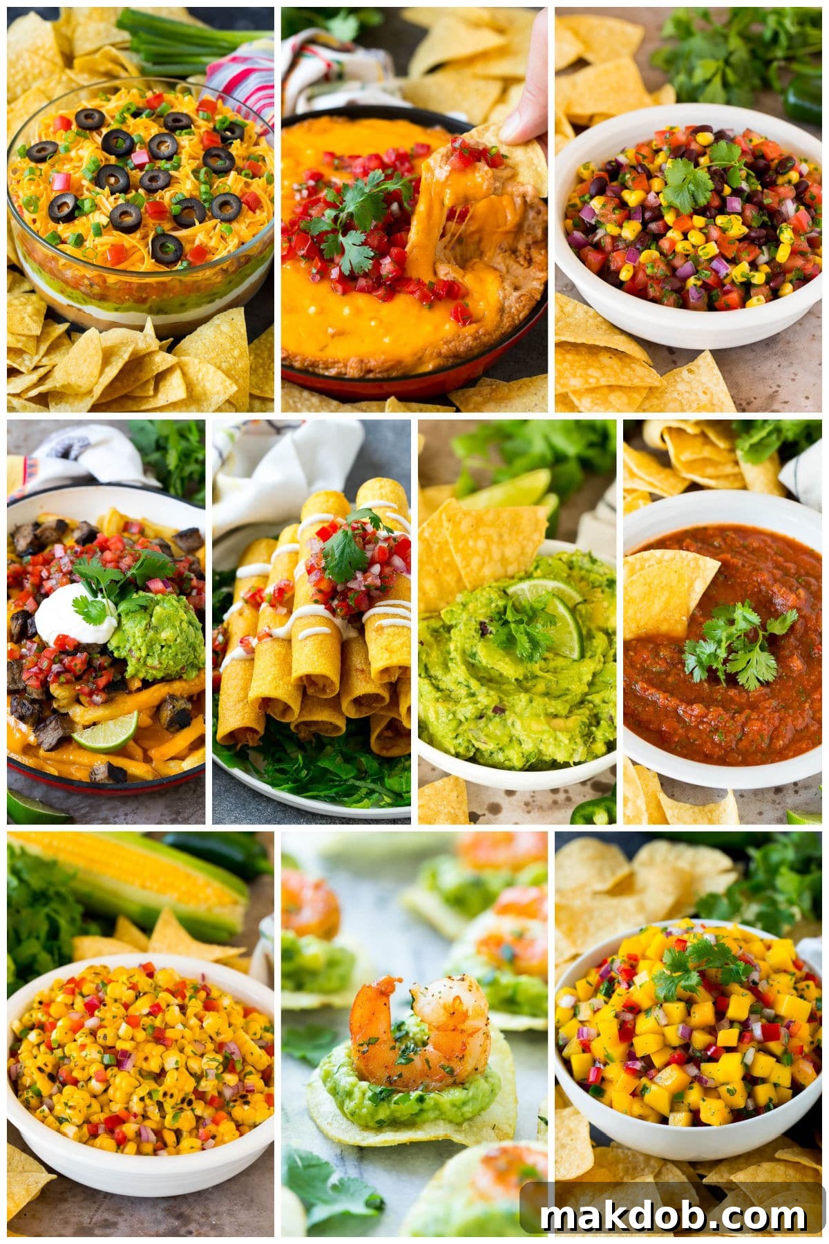 A group of fabulous Mexican appetizer recipes like taquitos, mango salsa and 7 layer dip.