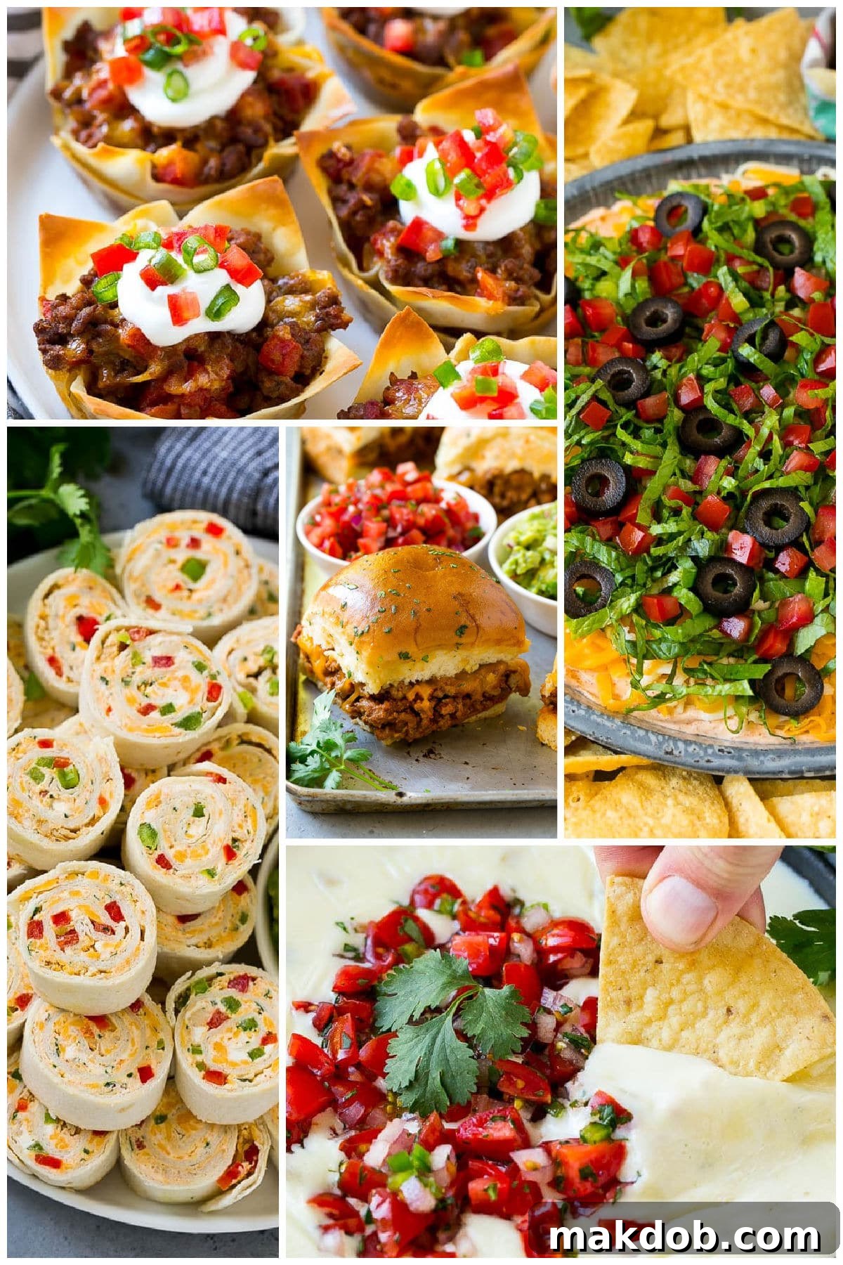 A group of Mexican appetizers like taco dip, white queso and taco pinwheels.