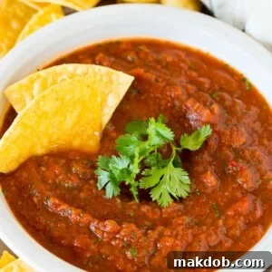 A bowl of chipotle salsa topped with fresh cilantro and tortilla chips.