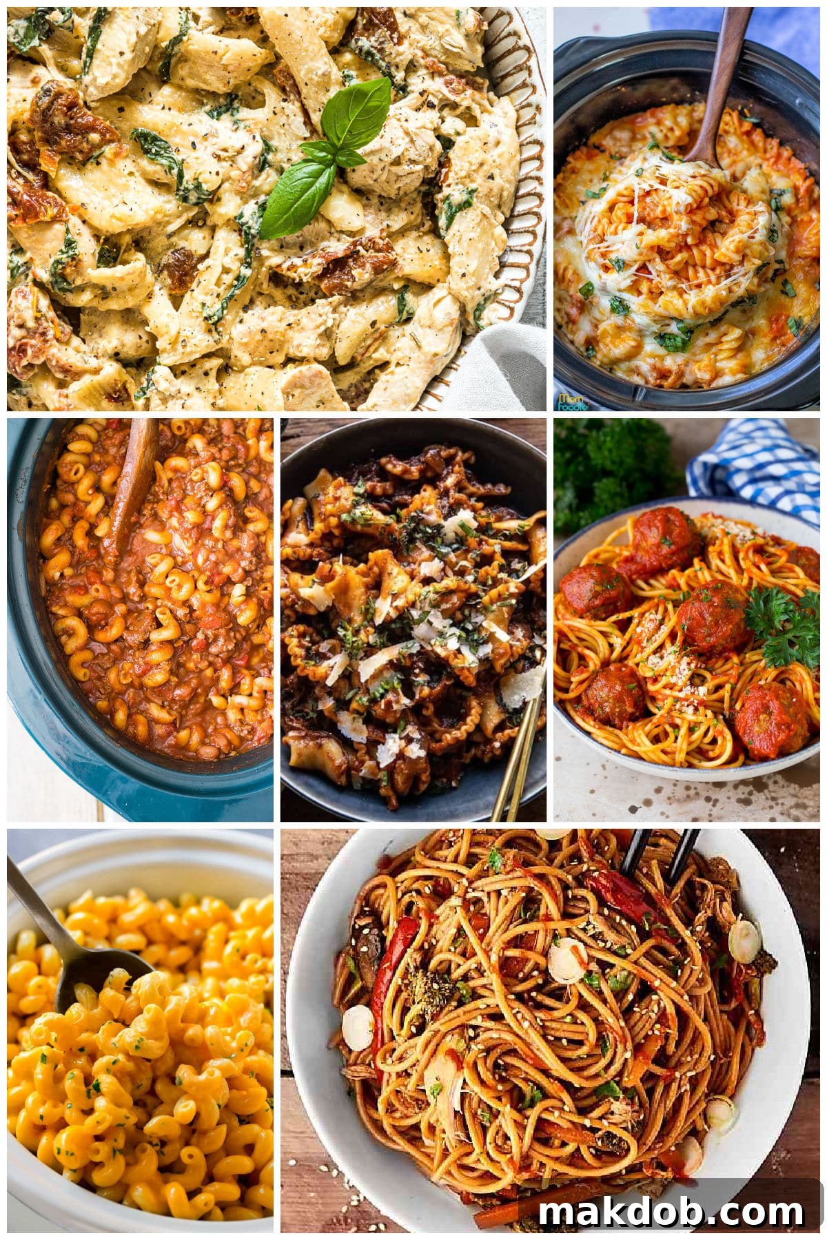 A group of slow cooker pasta recipes like mac and cheese, lo mein and Tuscan chicken pasta.