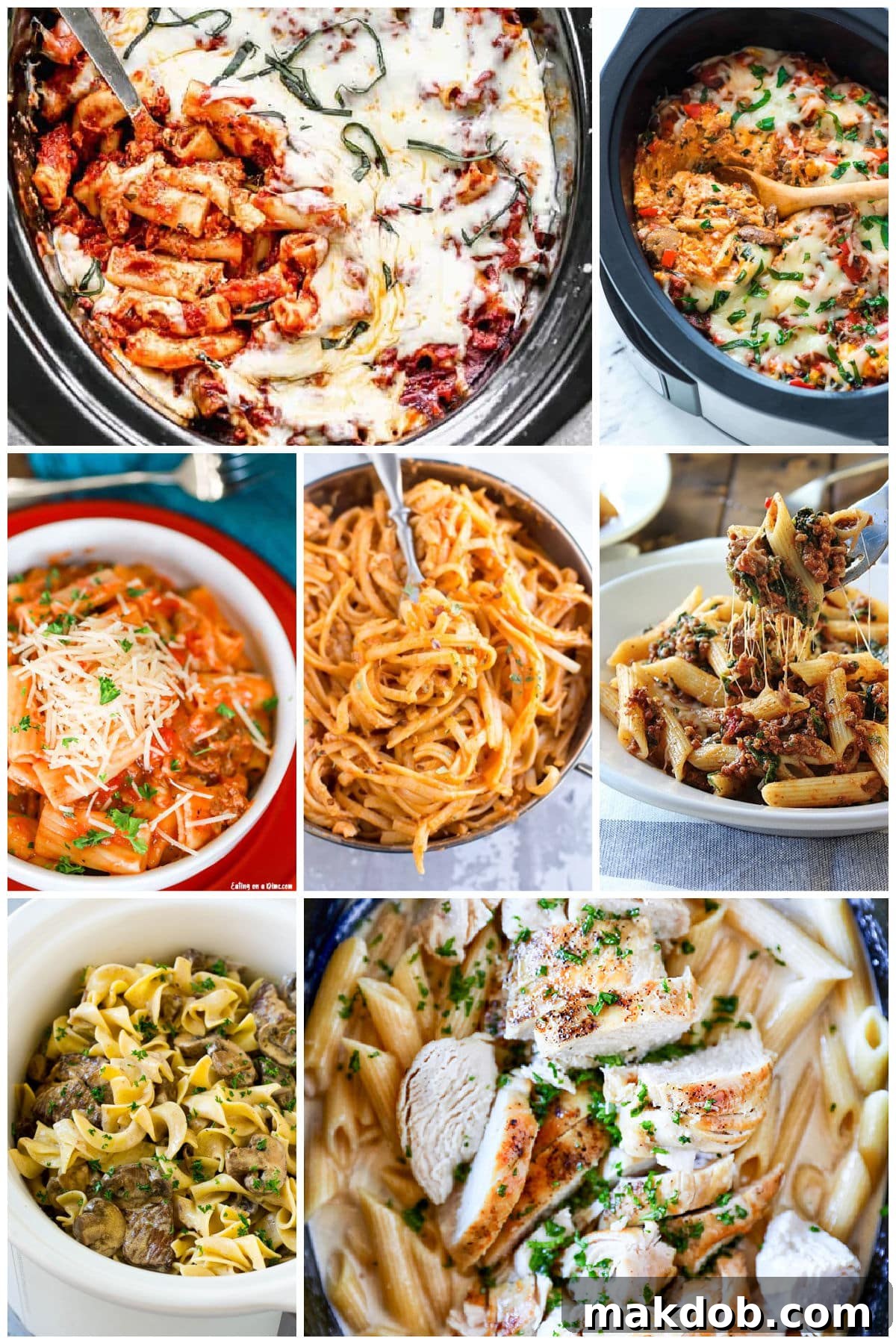 A group of pasta dishes made in a crock pot like baked ziti and firecracker chicken pasta.