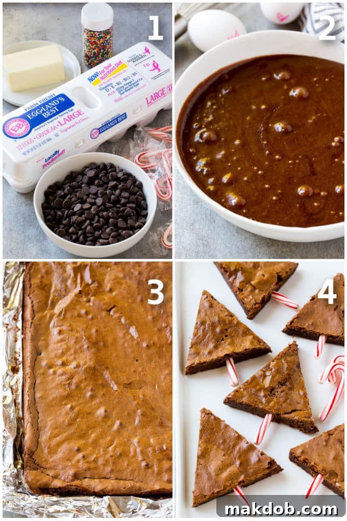 Yuletide Fudge Trees 2 Step-by-step visuals demonstrating the preparation of brownie batter and the precise cutting of brownies into festive triangle shapes.