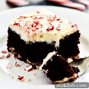 An image of a slice of decadent chocolate candy cane cheesecake cake, ready to be enjoyed.