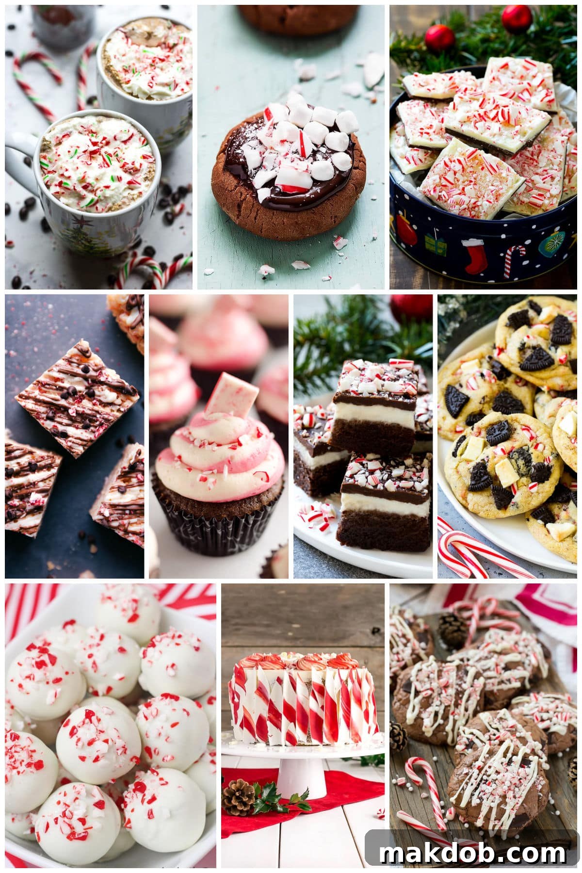 A heartwarming collection of festive peppermint candy recipes, including fudgy peppermint brownies, melt-in-your-mouth hot chocolate meltaway cookies, and classic peppermint cookies, all adorned with cheerful peppermint accents.
