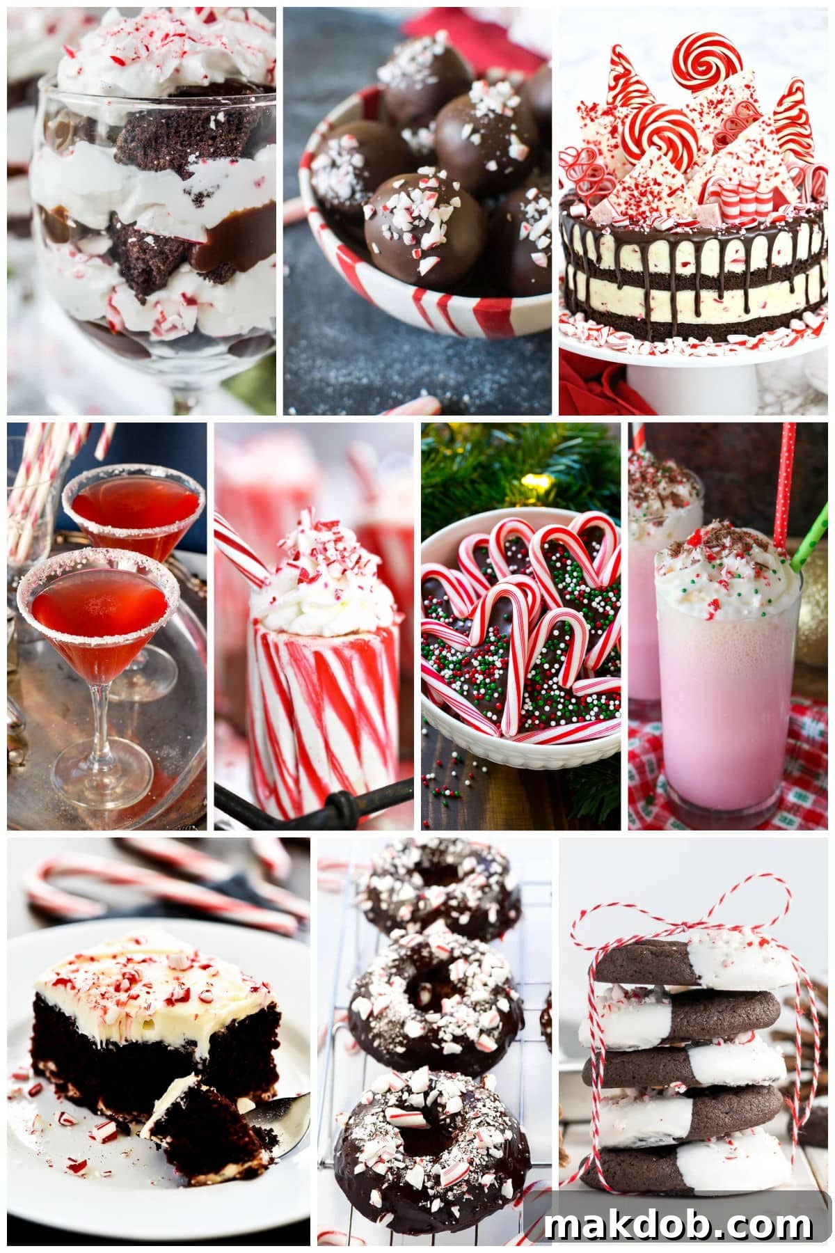 A vibrant collage showcasing a variety of candy cane delights, including creamy candy cane milkshakes, delectable peppermint bark cookies, and rich chocolate peppermint baked donuts.