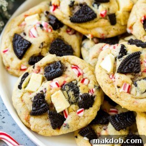 A festive plate of unique Oreo peppermint cookies, filled with luscious white chocolate and adorned with vibrant candy canes, promising a delightful holiday flavor.