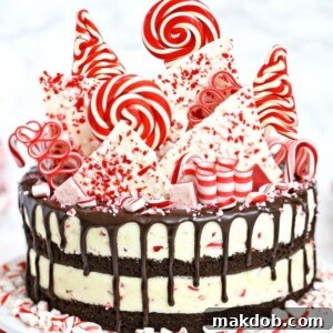A gorgeous Candy Cane Mousse Cake, showcasing rich chocolate cake layers, fluffy peppermint mousse, and a decadent chocolate coating adorned with festive peppermint candies.