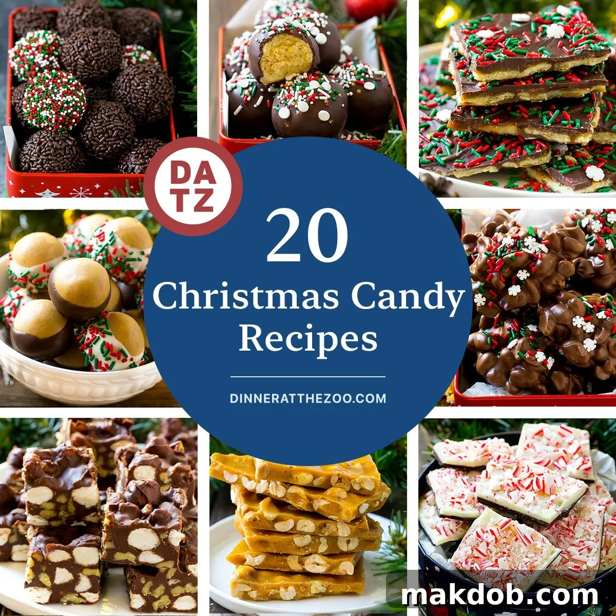 Holiday Candy Delights 2 A vibrant assortment of Christmas candy recipes including rum balls, classic peppermint bark, and rich rocky road fudge, perfectly arranged for holiday gifting and parties.