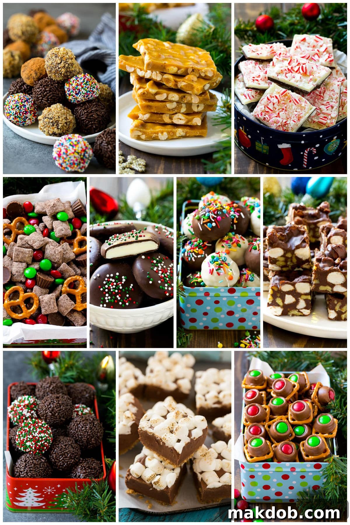 Holiday Candy Delights 14 An inviting collection of holiday treats, including refreshing peppermint patties, rich rocky road fudge, and fun reindeer chow, perfect for festive snacking.