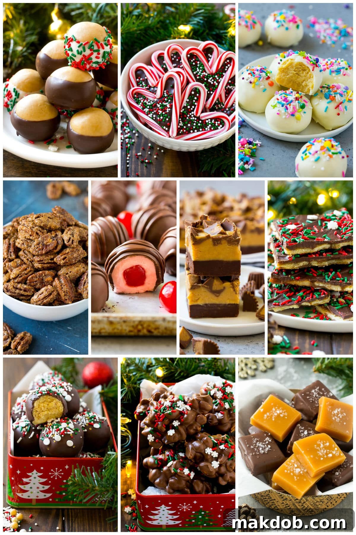 Holiday Candy Delights 3 A festive collage of Christmas candy recipes featuring delightful cake balls, irresistible Christmas crack, and classic peanut butter fudge, perfect for your holiday spread.