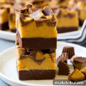 A tempting stack of layered chocolate peanut butter fudge pieces, showcasing the delicious combination.