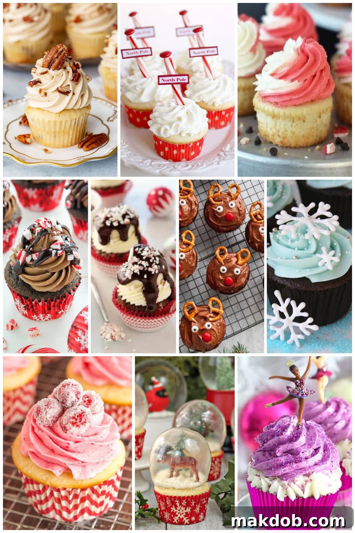 20 Magical Christmas Cupcake Recipes 12 A group of images of festive holiday treats like snowflake cupcakes, North Pole cupcakes and reindeer cupcakes.