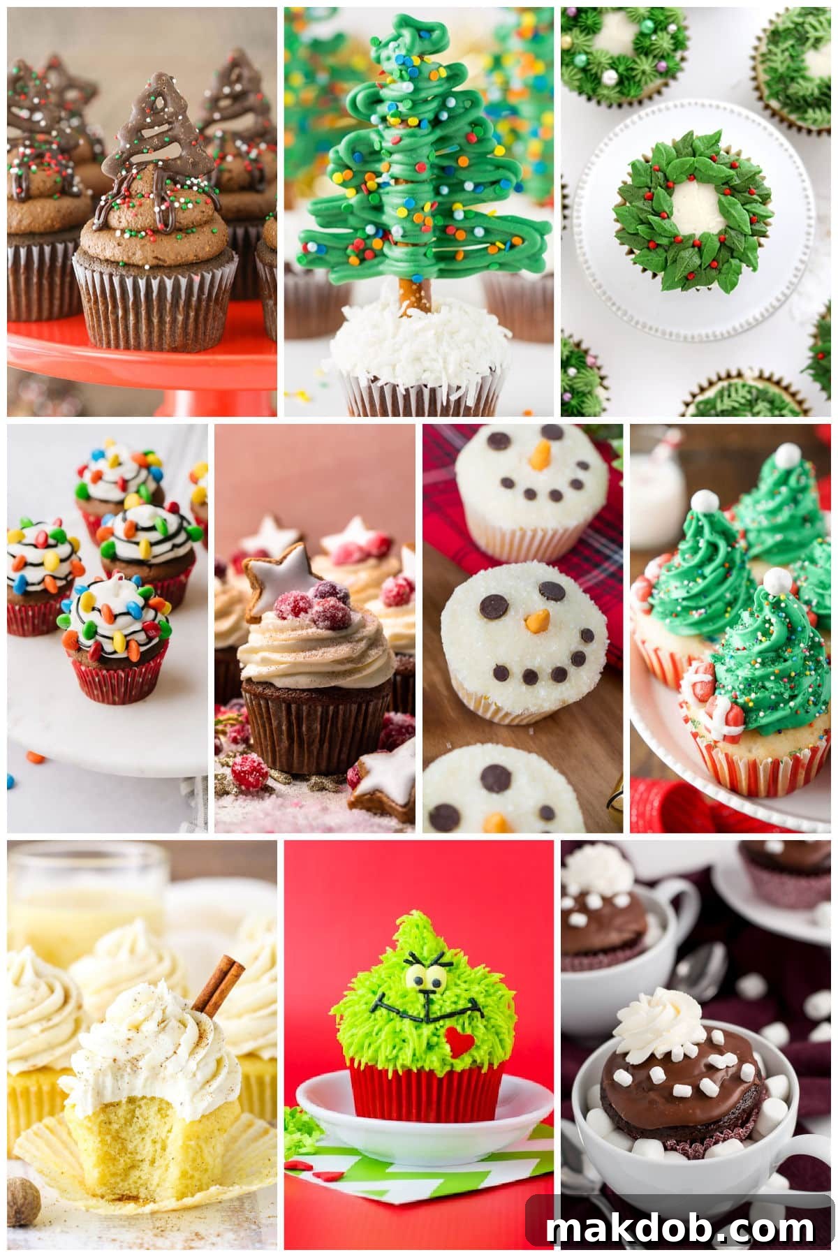 20 Magical Christmas Cupcake Recipes 3 A group of Christmas cupcake recipes including favorites such as snowman cupcakes, Christmas wreath cupcakes and eggnog cupcakes.