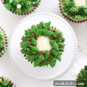 An overhead image of a Christmas wreath cupcake.