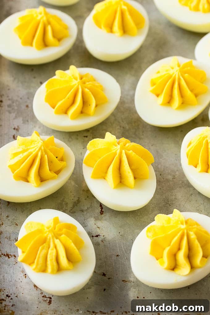 Decoratively piped deviled eggs with a star tip on a baking sheet, garnished with paprika. The consistent filling showcases perfect technique.