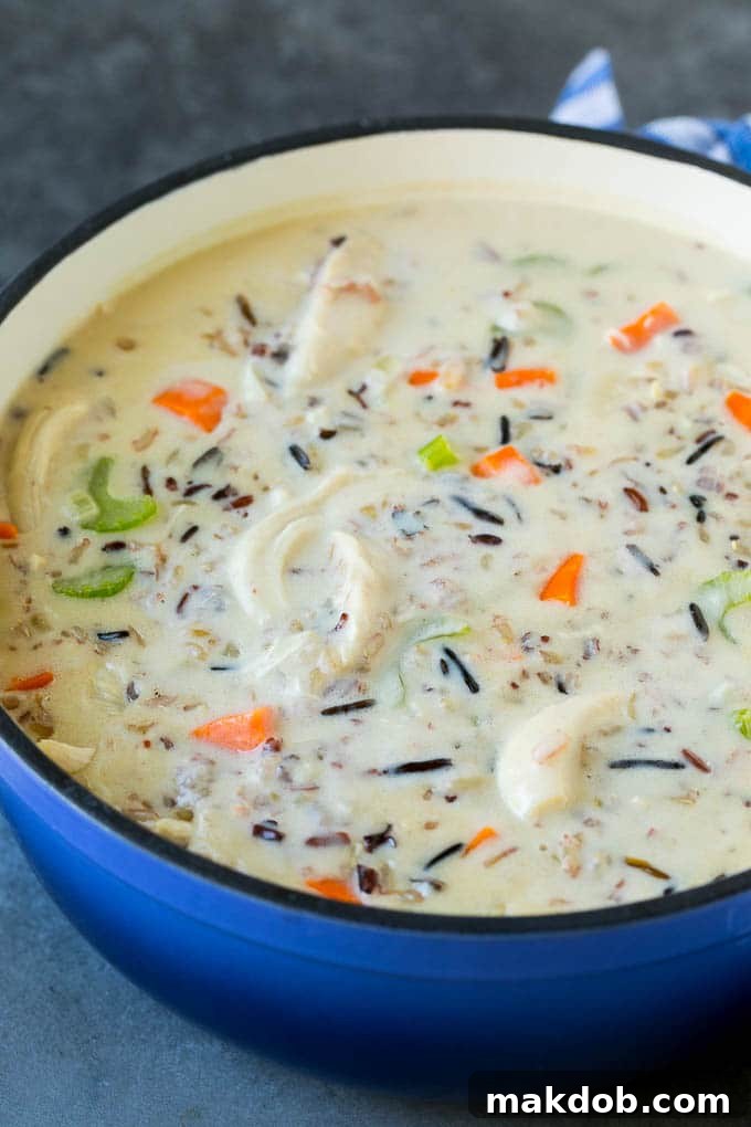 Creamy chicken soup with wild rice and vegetables.