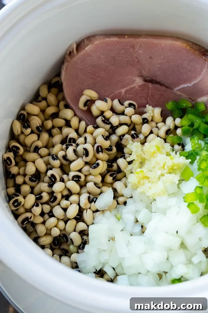 Ingredients for slow cooker black eyed peas with ham.
