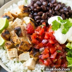 These burrito bowls are loaded with marinated grilled chicken, cilantro lime rice, black beans and a variety of fun toppings. This recipe will become a dinner time staple at your house!