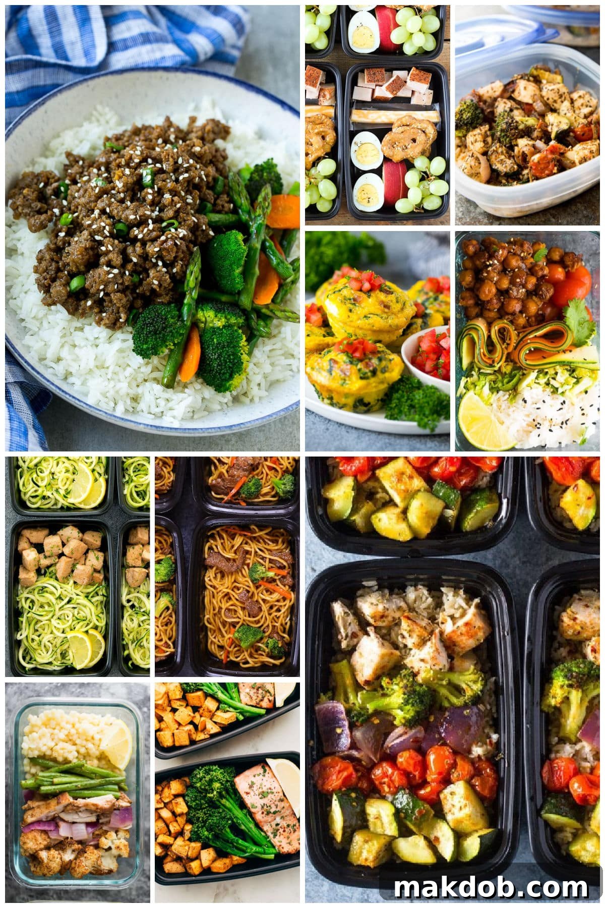 Several images of expertly prepped meals, including savory Korean beef bowls, wholesome egg muffins, and zesty lemon garlic butter chicken dishes.