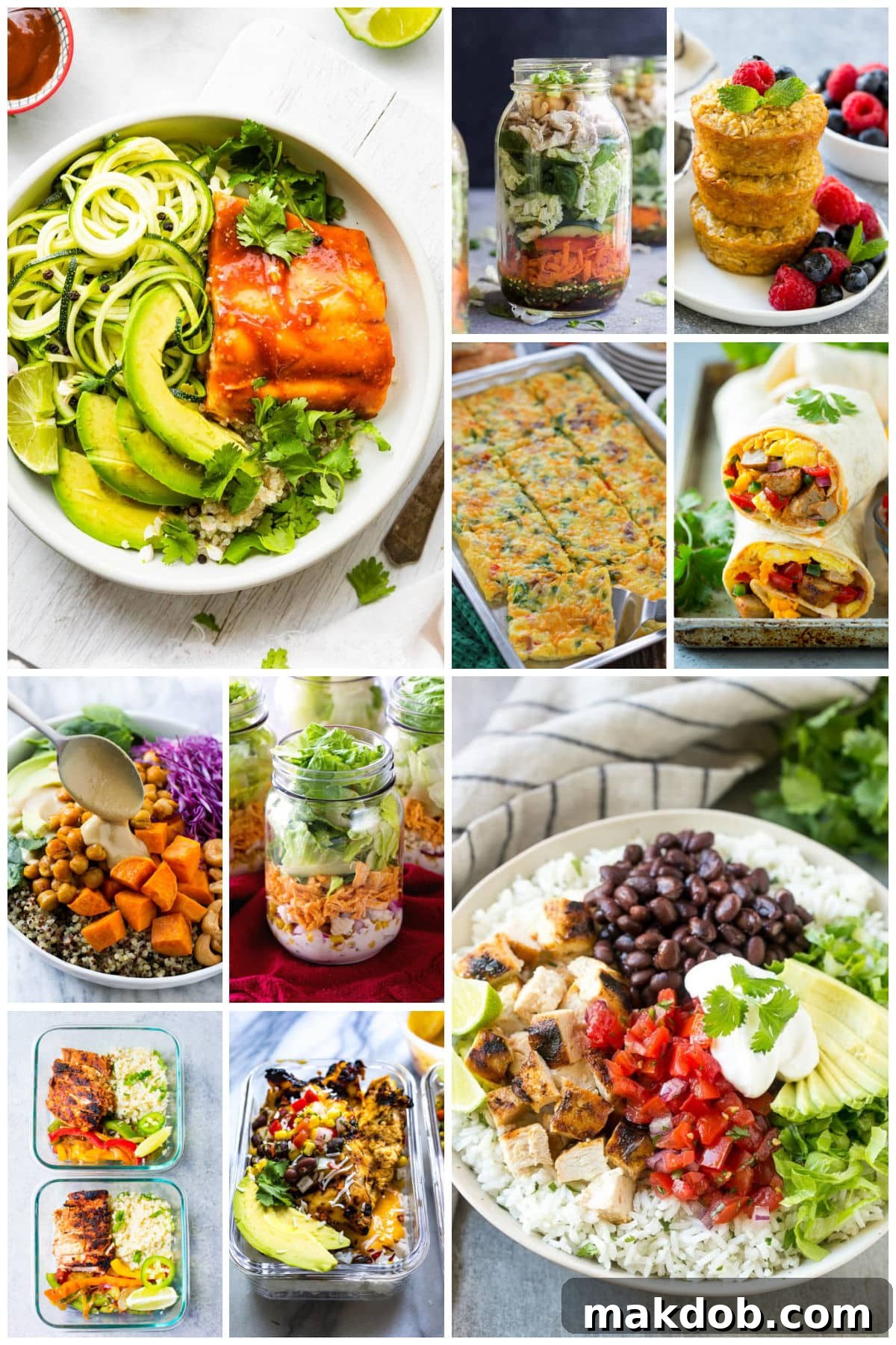 A dynamic collage of delicious meal prep recipes including wholesome breakfast burritos, savory sheet pan omelets, and zesty sriracha meatballs.
