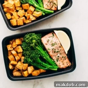 An enticing image of roasted salmon served with vibrant sweet potatoes and crisp broccolini.