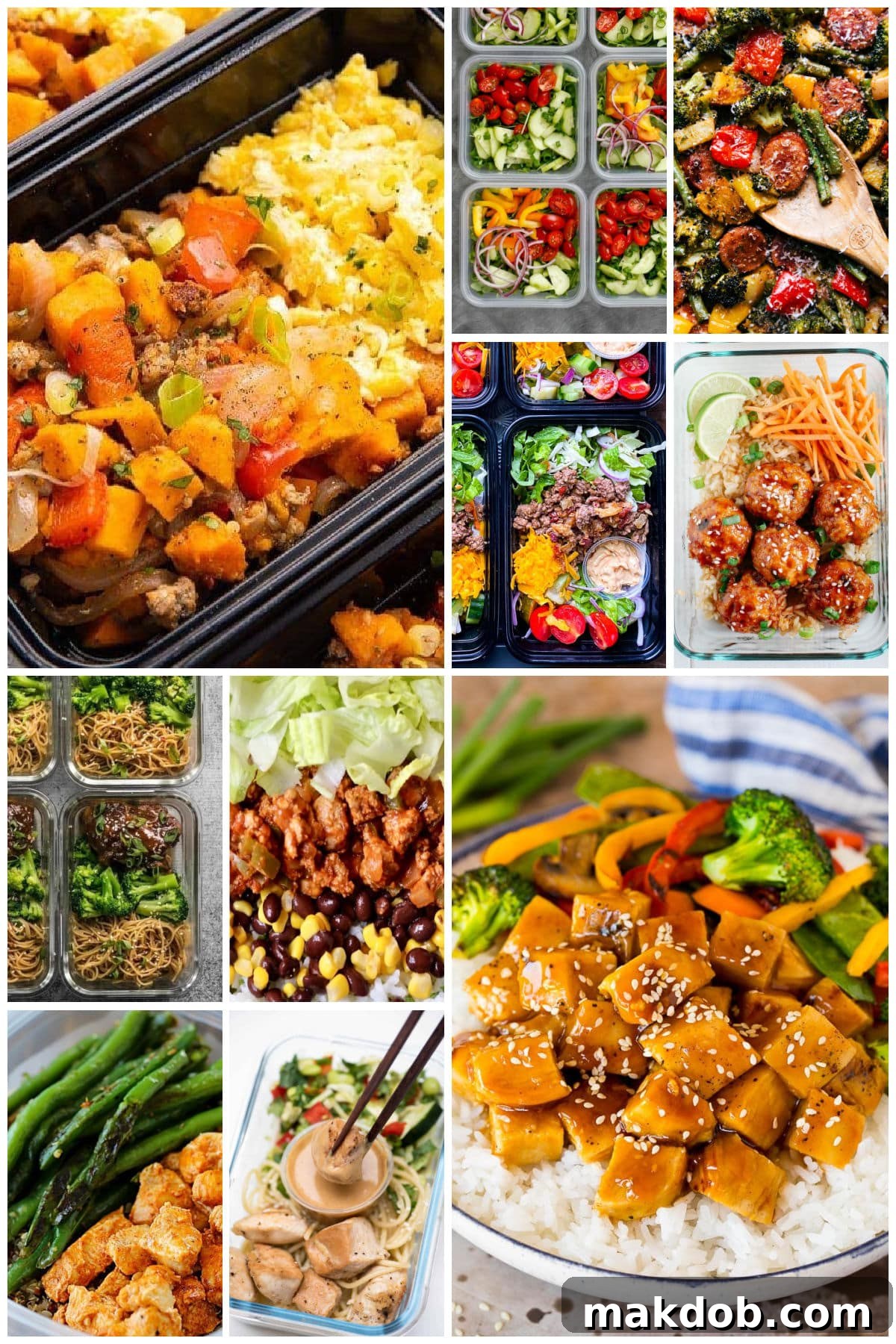A compelling collection of make-ahead food images including vibrant teriyaki chicken bowls, zesty taco bowls, and savory Thai peanut chicken, all perfect for meal prepping.