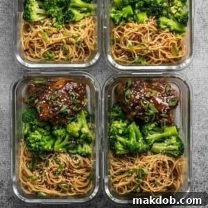 A group of bowls containing delicious ginger soy glazed chicken meals, ready for prep.