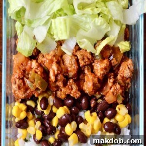 An image of a vibrant taco bowl featuring turkey, rice, crisp lettuce, and beans.