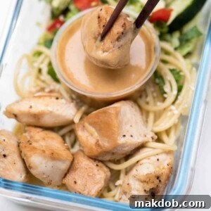 A picture of delicious Thai peanut chicken meals served with tender noodles, ready for meal prep.