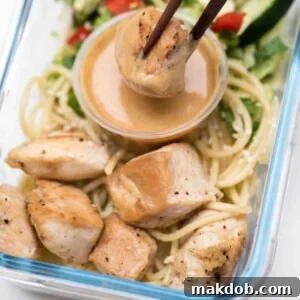 A vibrant image of delicious Thai peanut chicken meals served with tender noodles, perfect for meal prepping.