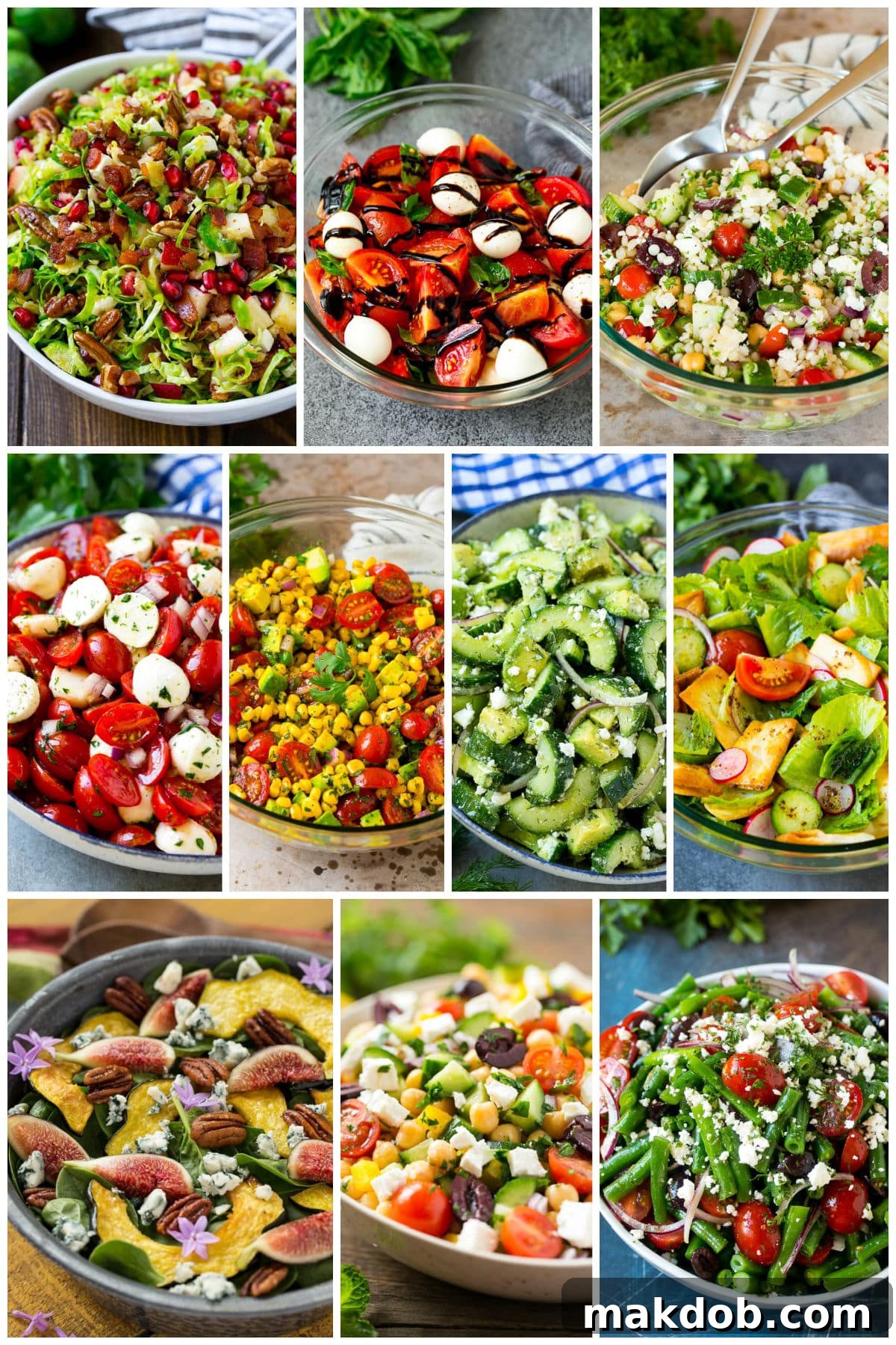 A diverse assortment of healthy salad recipes including fresh caprese salad, crisp green bean salad, and savory couscous salad, showcasing their vibrant ingredients.