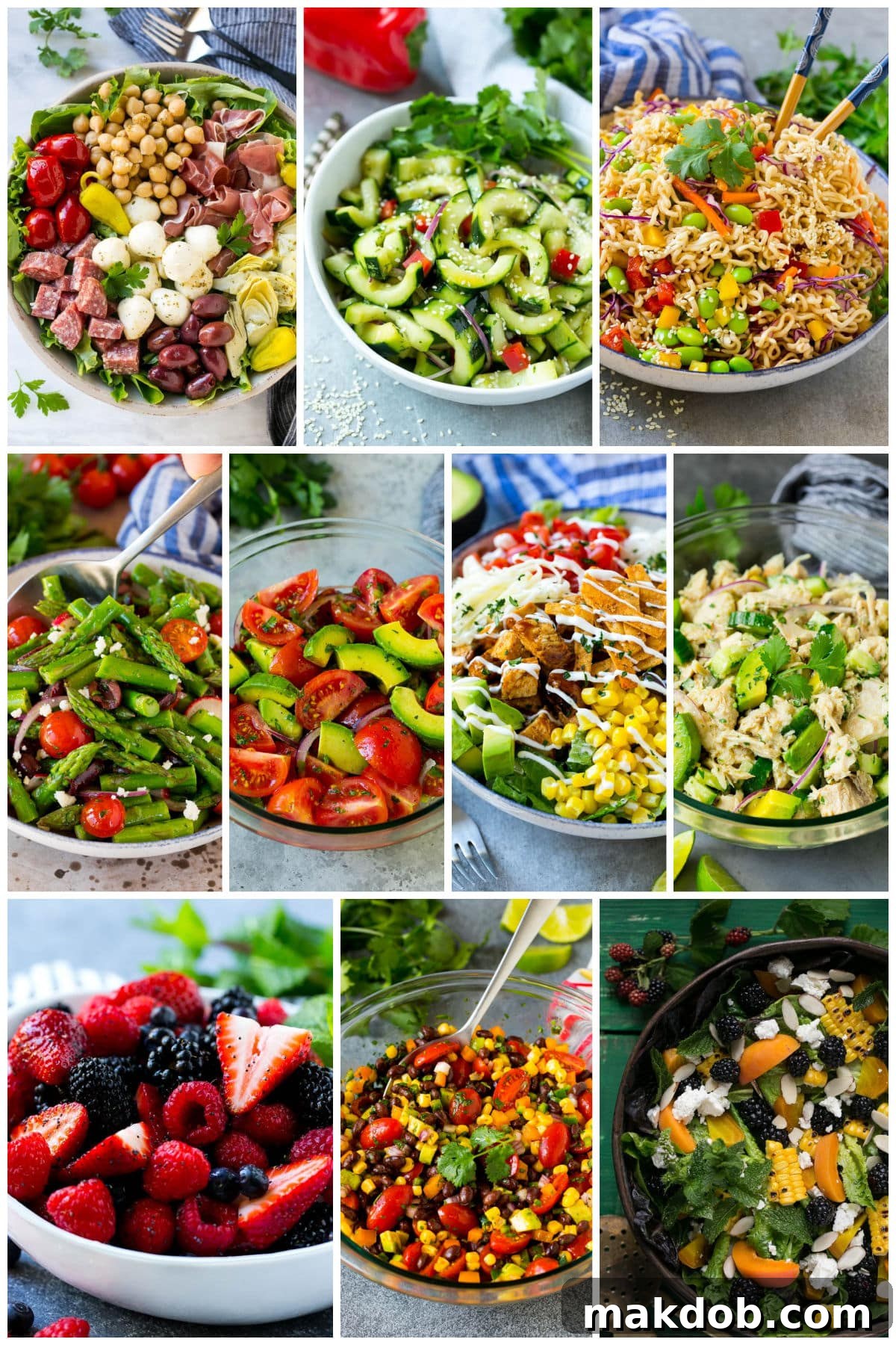 A tempting visual array of healthy salad recipes including antipasto salad, refreshing Asian cucumber salad, and savory black bean salad, highlighting their fresh ingredients.