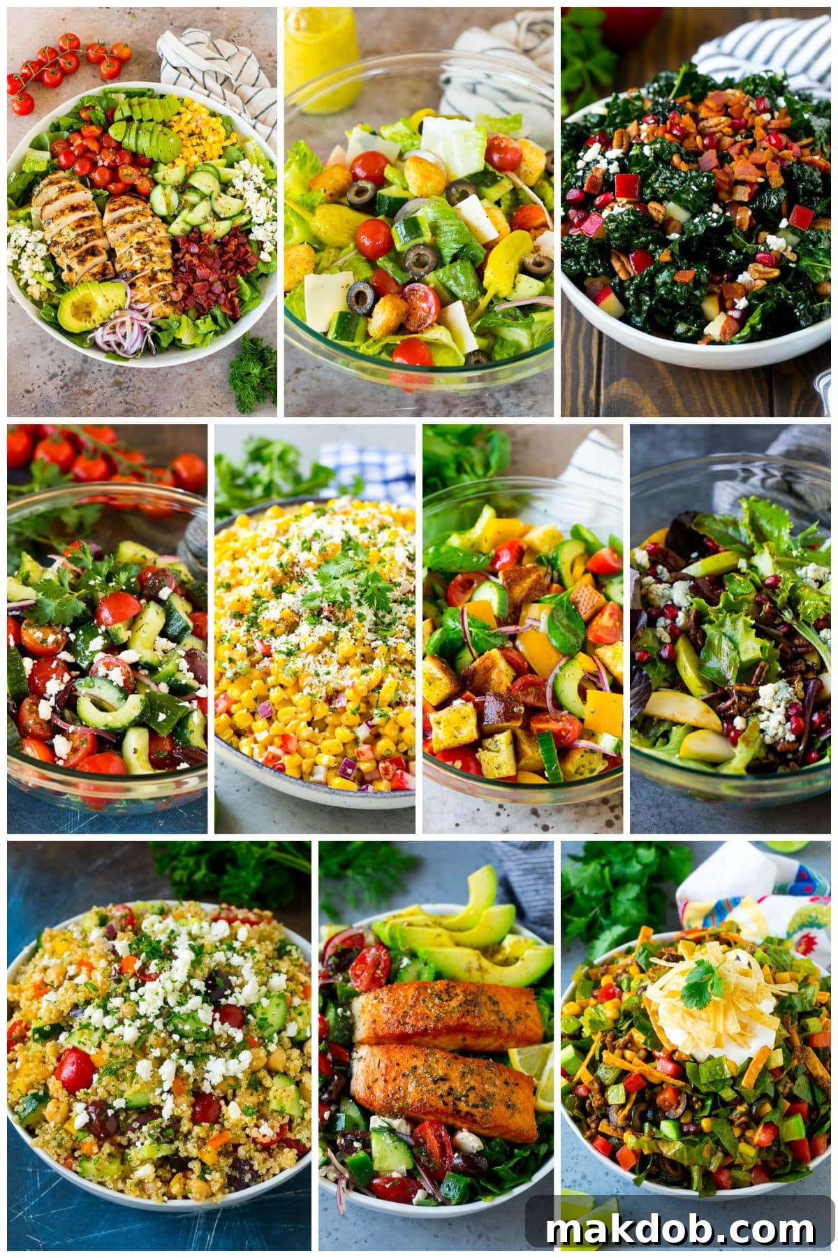 A selection of nutritious and appetizing dishes including zesty taco salad, elegant pear salad, and fresh Mediterranean salad, highlighting their healthy components.