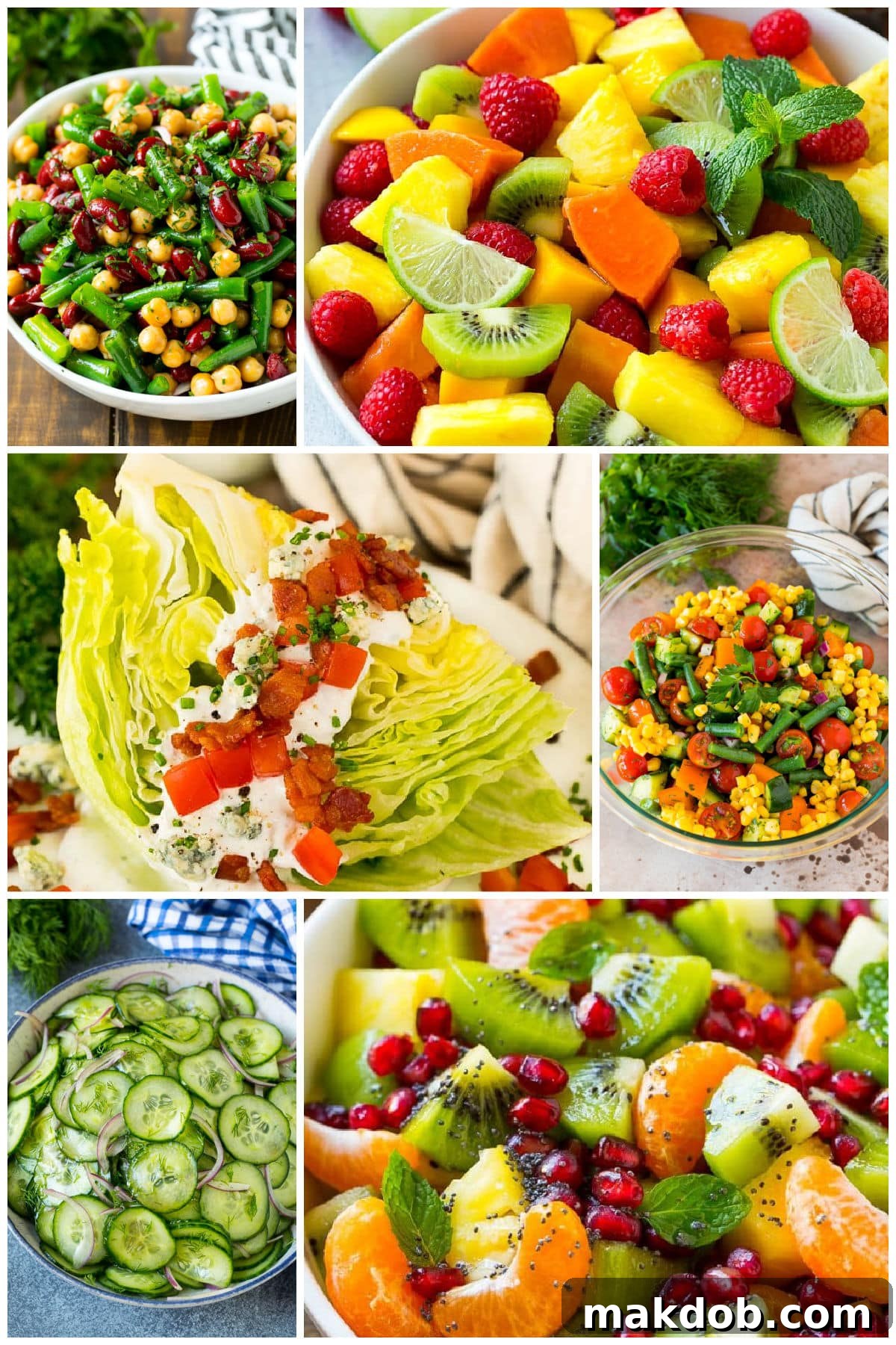 A compelling visual of fresh, healthy favorites including classic three bean salad, an elegant wedge salad, and vibrant tropical fruit salad, emphasizing their healthy appeal.