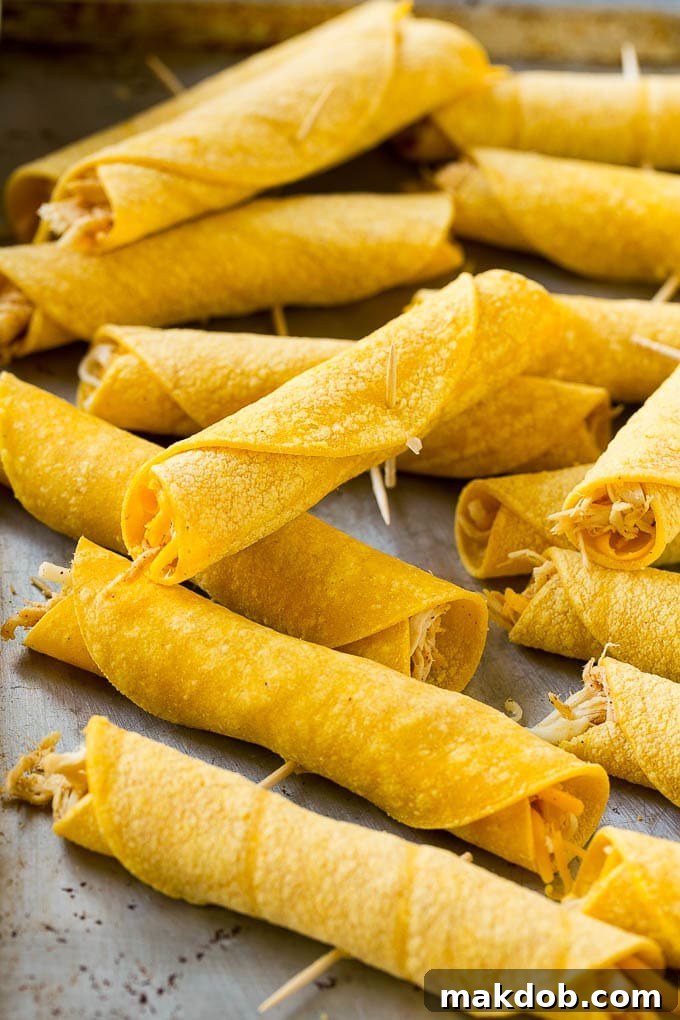 Neatly rolled chicken taquitos, secured with toothpicks, ready for baking or frying.