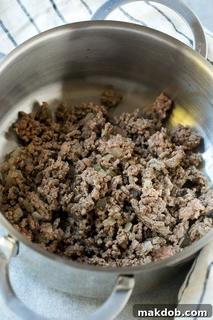 Ground beef is the basis for cabbage roll soup.
