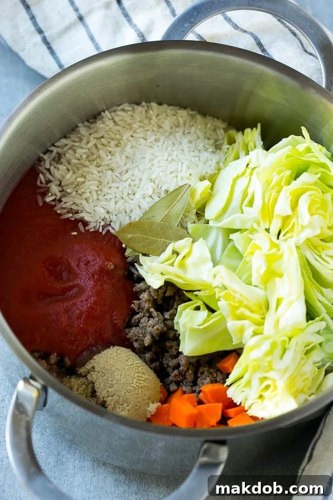 Ingredients for cabbage roll soup including beef, cabbage, vegetables and spices, all in a soup pot.