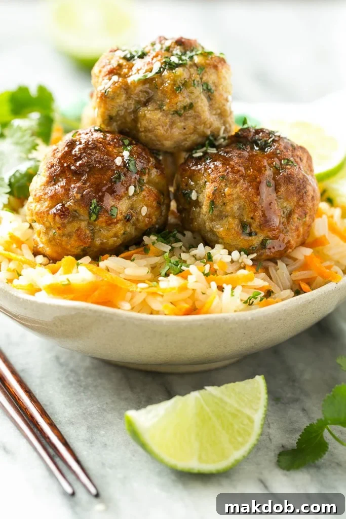 Aromatic Asian Meatballs and Carrot Rice 5 Broiled to perfection, these light and tender Asian turkey meatballs are incredibly freezer-friendly, allowing for easy meal prep. Simply cook, cool, and freeze for a quick and healthy dinner solution anytime.