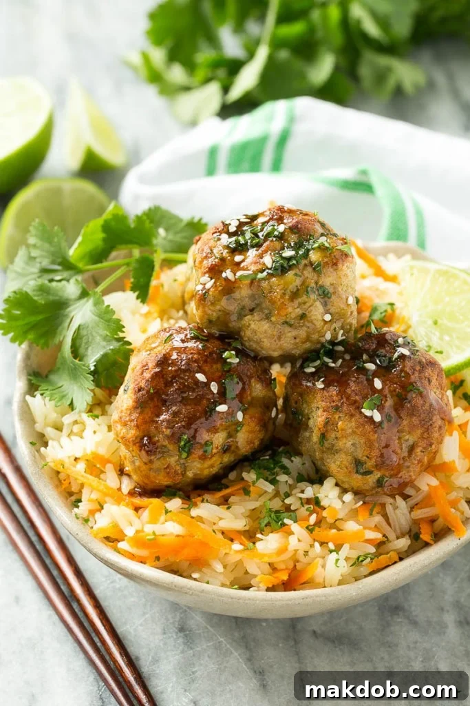 Aromatic Asian Meatballs and Carrot Rice 6 The vibrant carrot rice, made by stirring shredded carrots into cooked rice, adds a unique color, subtle sweetness, and essential nutrients to complement the Asian turkey meatballs. It's a kid-friendly way to enjoy vegetables.