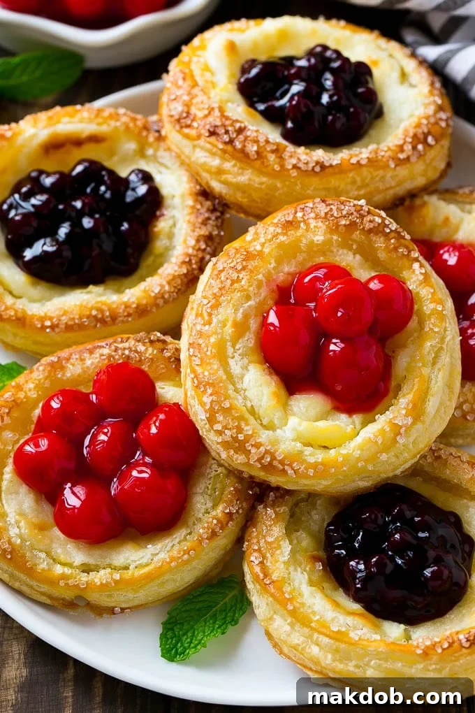 Luscious Fruit Cream Cheese Danish 7 A close-up shot of two cream cheese danishes, one topped with bright red cherries and the other with deep purple blueberries, showcasing their vibrant colors.