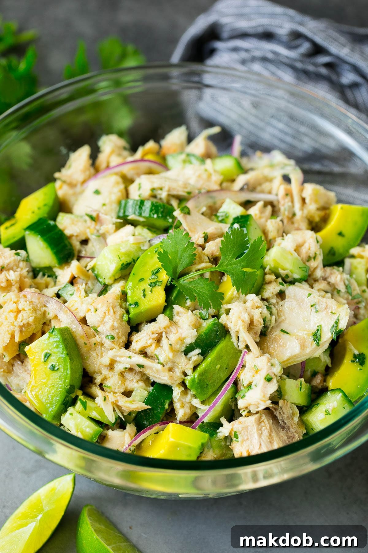 A vibrant serving bowl of avocado tuna salad generously topped with fresh cilantro, showcasing its creamy texture and colorful ingredients.