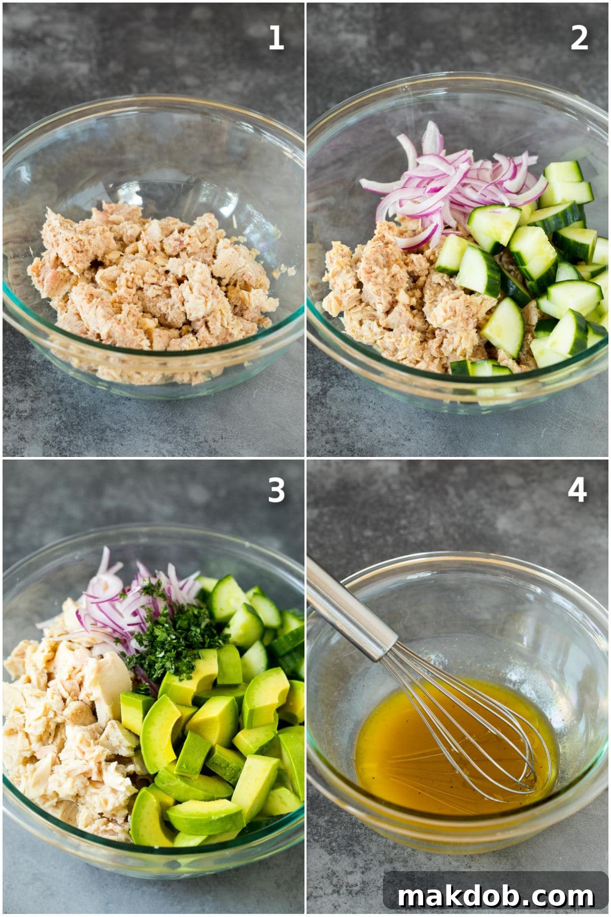 A series of process shots illustrating the step-by-step creation of avocado tuna salad, from combining ingredients to final dressing.