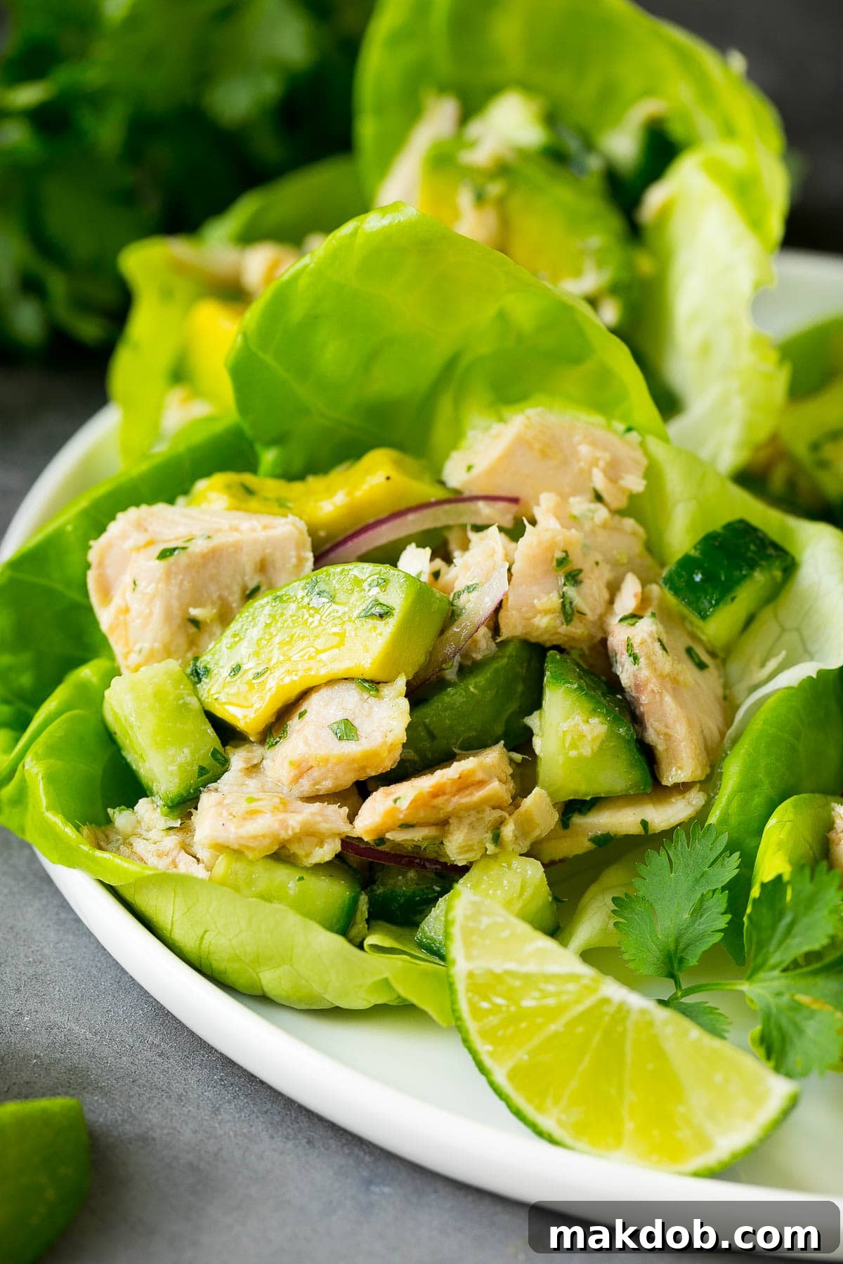 Creamy avocado tuna salad elegantly served in a crisp lettuce cup, making for a light and healthy meal option.