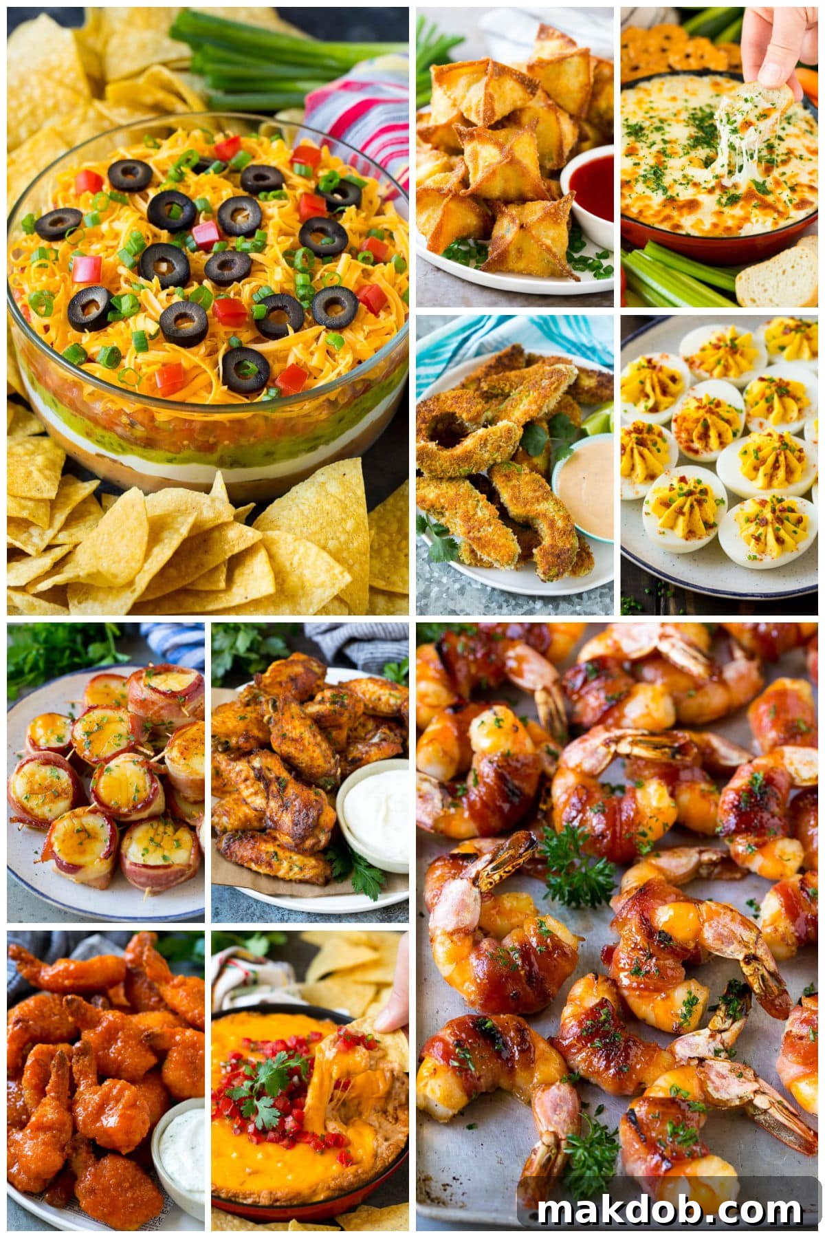 A group of images of Super Bowl appetizer recipes like bacon wrapped scallops, bean dip and bacon deviled eggs.