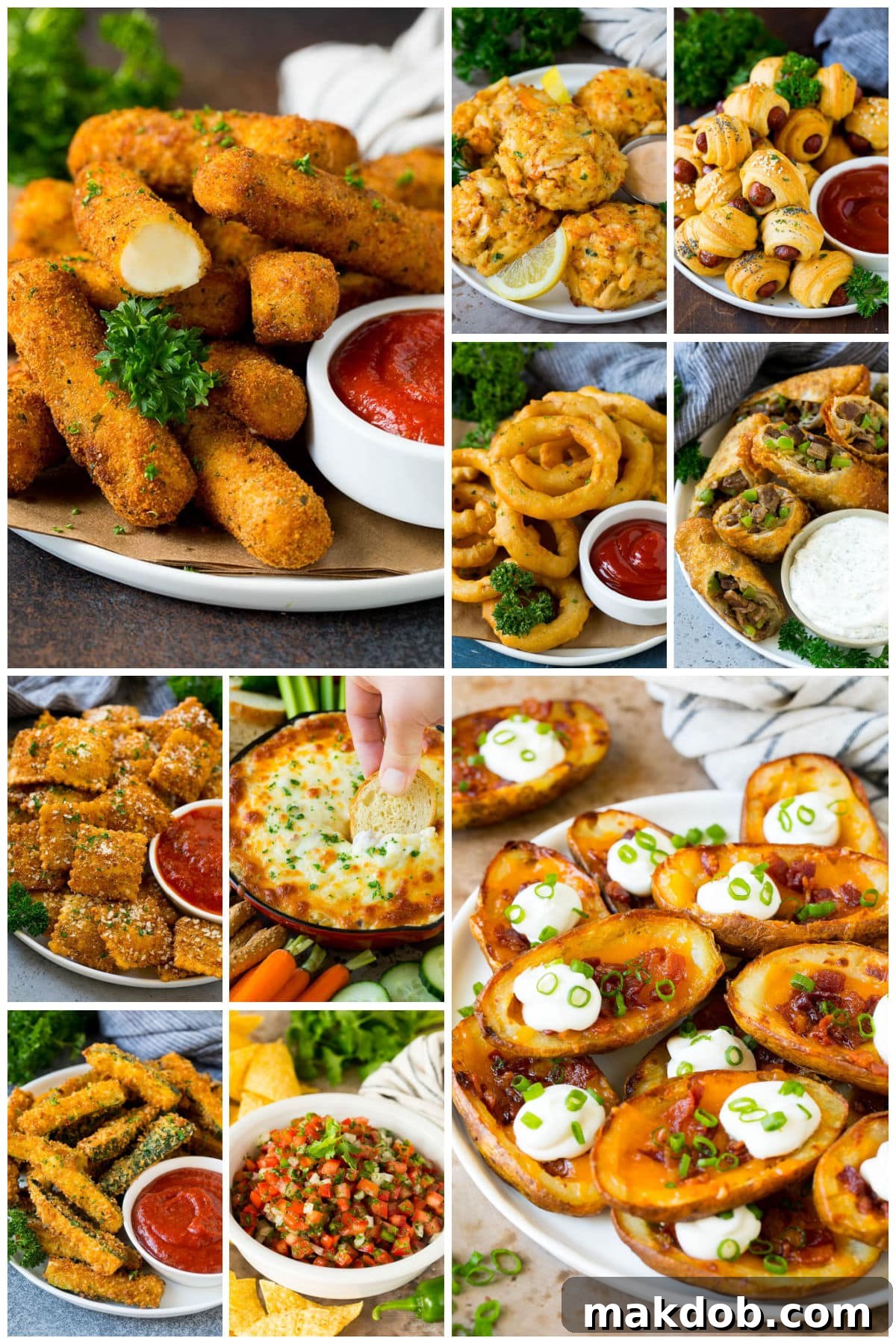 Several images of dishes for the big game like mozzarella sticks, potato skins and fried zucchini.