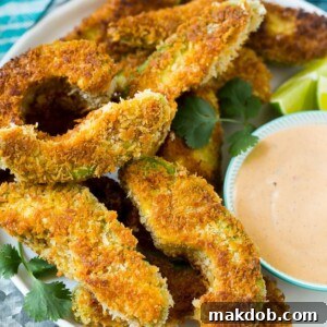 This recipe for avocado fries is slices of avocado that are breaded and lightly fried to crispy golden brown perfection. The ultimate appetizer or side dish for avocado lovers!