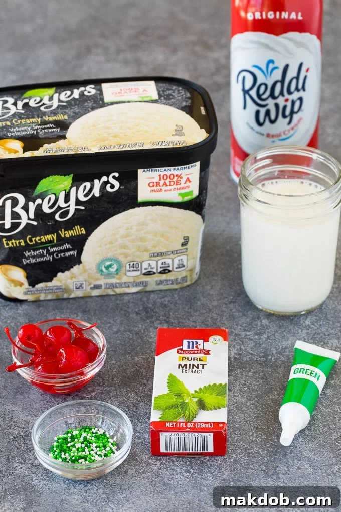 Whip Up Your Own Shamrock Shake 3 Ingredients including vanilla ice cream, milk, whipped cream and sprinkles.