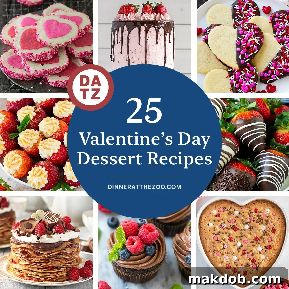 A group of images of Valentine's Day dessert recipes such as heart cookies, chocolate strawberry cake and chocolate covered strawberries.